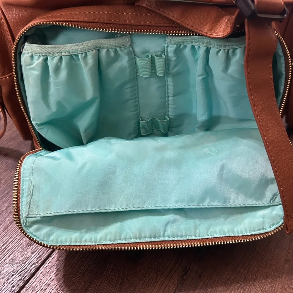 MOMINSIDE Brown Faux Leather Diaper Backpack Multi-Pocket
